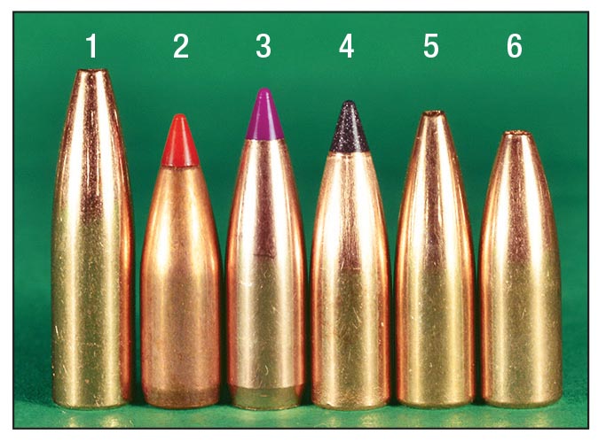 Medium-weight bullets tested include the (1) Barnes 62-grain Varmint Grenade, (2) Hornady 65 V-MAX, (3) Nosler 70 Ballistic Tip Varmint, (4) Nosler 70 Varmageddon, (5) Speer 70 TNT and the (6) Barnes 72-grain Varmin-A-Tor.